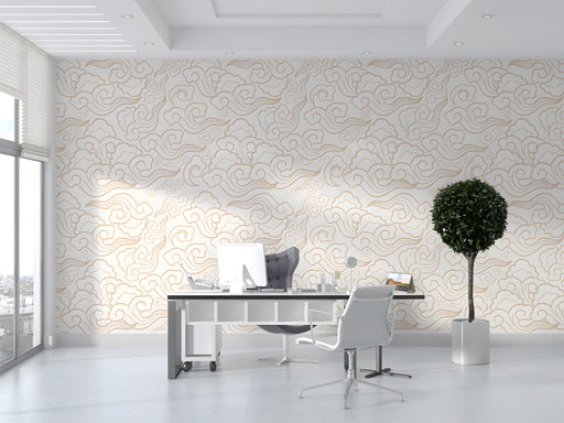 Minimalist office with cream and taupe cloud patterned wallpaper behind a wooden headboard