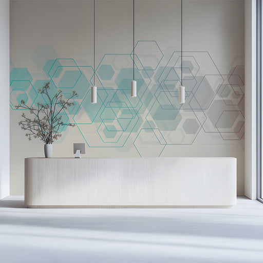 A clean commercial reception area decorated with a soft geometric line art mural on the main wall.