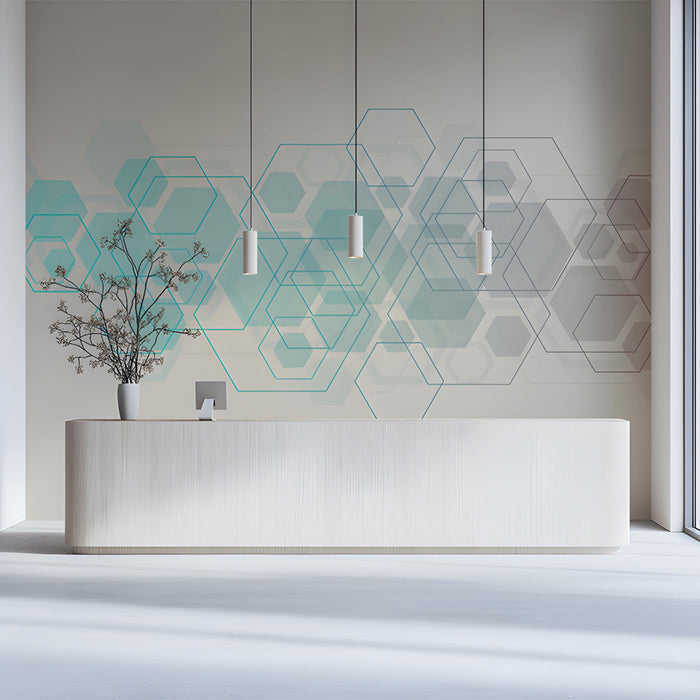 A clean commercial reception area decorated with a soft geometric line art mural on the main wall.