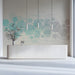A clean commercial reception area decorated with a soft geometric line art mural on the main wall.