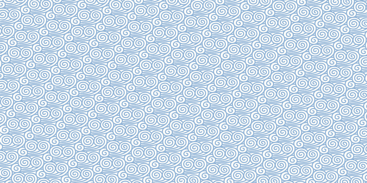 Japanese style blue and white cloud swirl pattern wallpaper with rhythmic line art