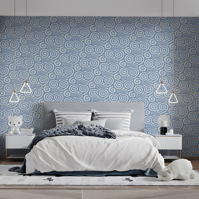 Dining room accent wall with light blue linear cloud pattern and minimalist decor