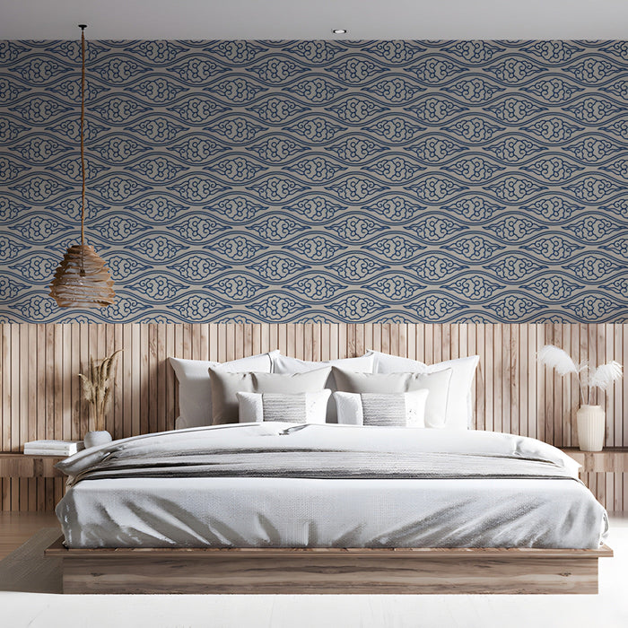 Geometric cloud pattern wallpaper behind a bedroom
