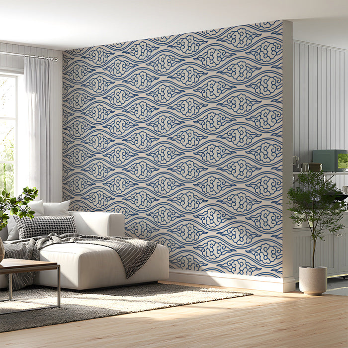 Japanese style cloud wallpaper in a bright, modern living room