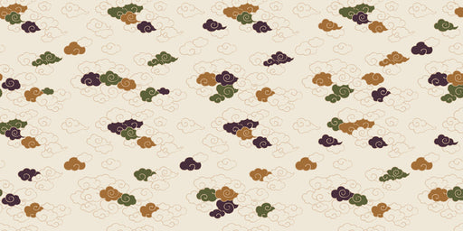 Traditional Asian-inspired cloud pattern with moss green, plum, and ochre swirls on a cream background.