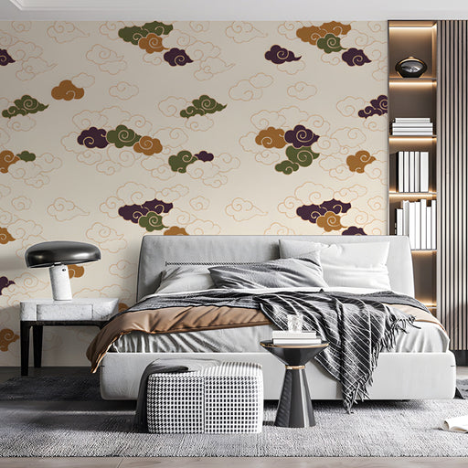 A minimalist bedroom with the cloud motif wallpaper, creating an inviting and peaceful first impression.
