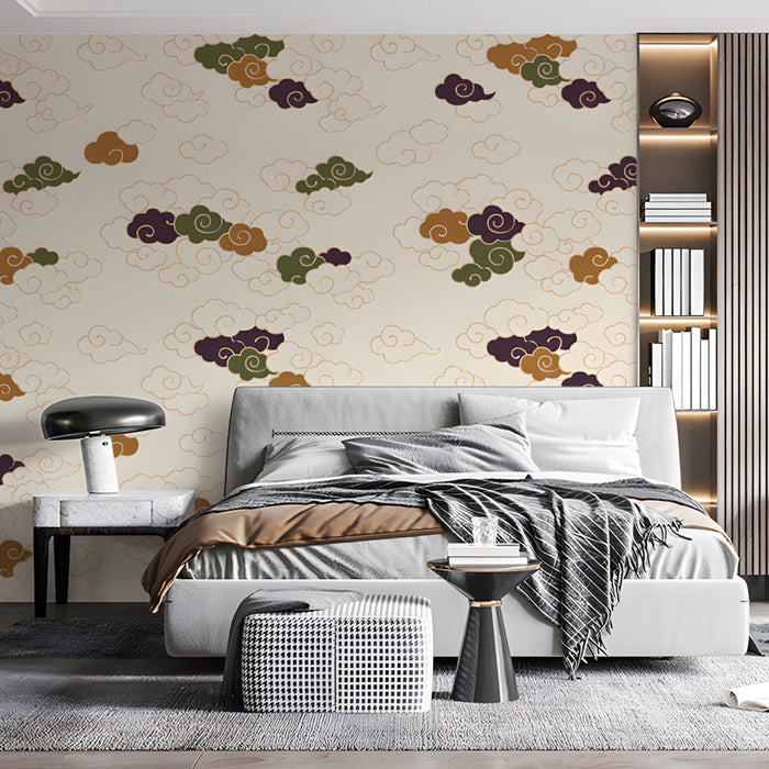 A minimalist bedroom with the cloud motif wallpaper, creating an inviting and peaceful first impression.