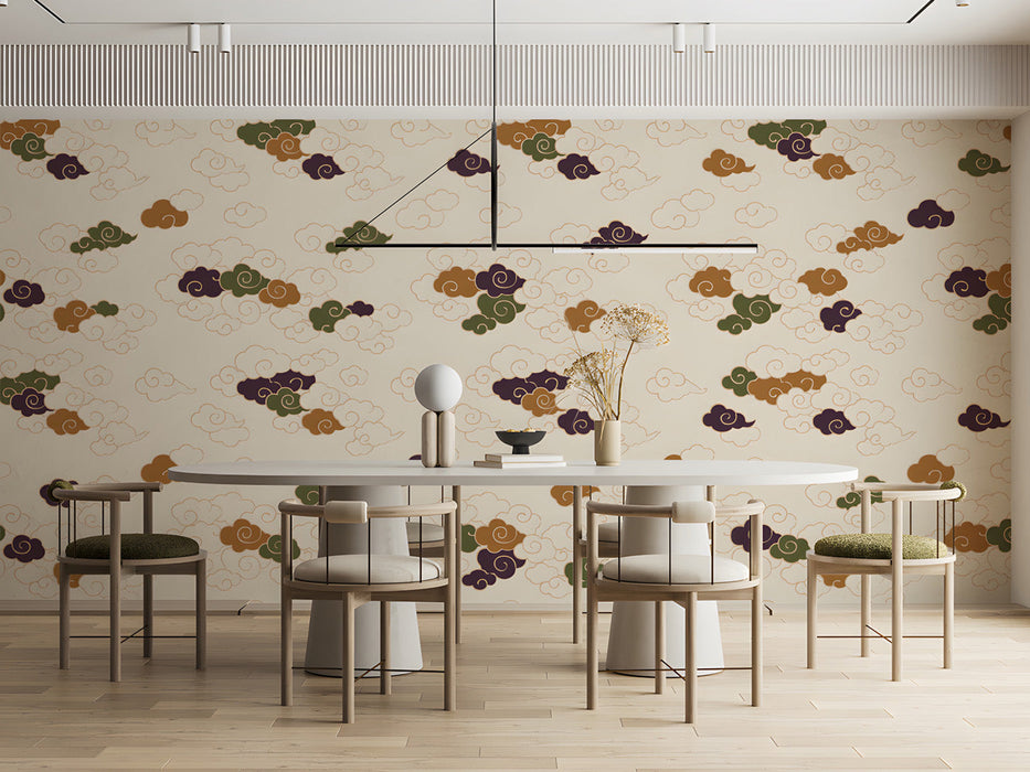 A cozy meeting room featuring an Asian cloud mural, paired with light wood furniture and linen bedding.