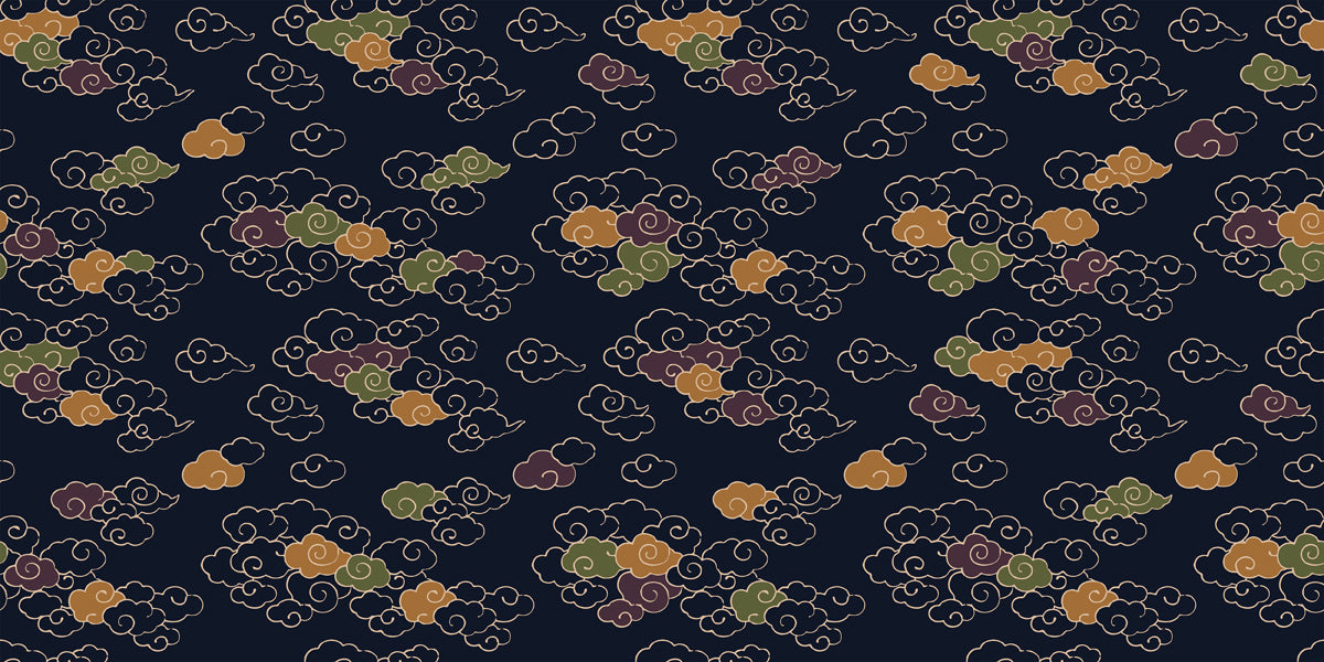A repeating Japanese-style cloud pattern with ochre, sage, and plum clouds on a deep midnight blue background.