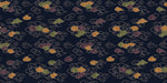 A repeating Japanese-style cloud pattern with ochre, sage, and plum clouds on a deep midnight blue background.