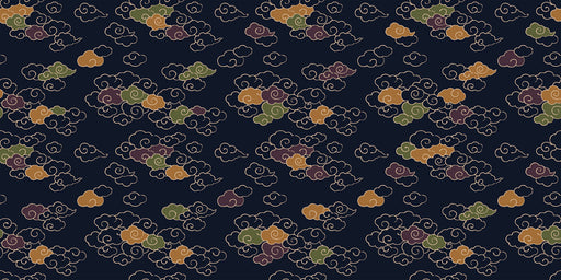 A repeating Japanese-style cloud pattern with ochre, sage, and plum clouds on a deep midnight blue background.