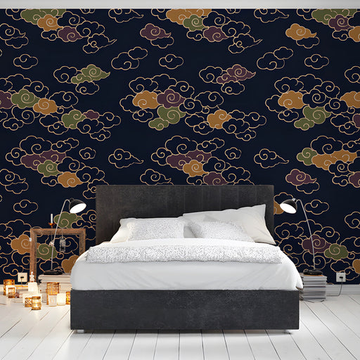 A modern bedroom featuring a traditional cloud patterned mural as a subtle accent wall.