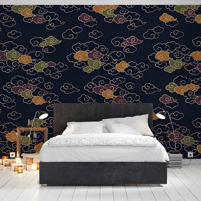 A modern bedroom featuring a traditional cloud patterned mural as a subtle accent wall.