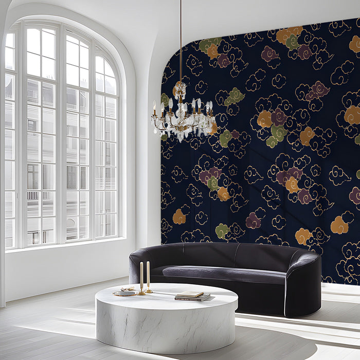 A cozy library wall featuring a dark Japanese cloud mural behind a mahogany desk.