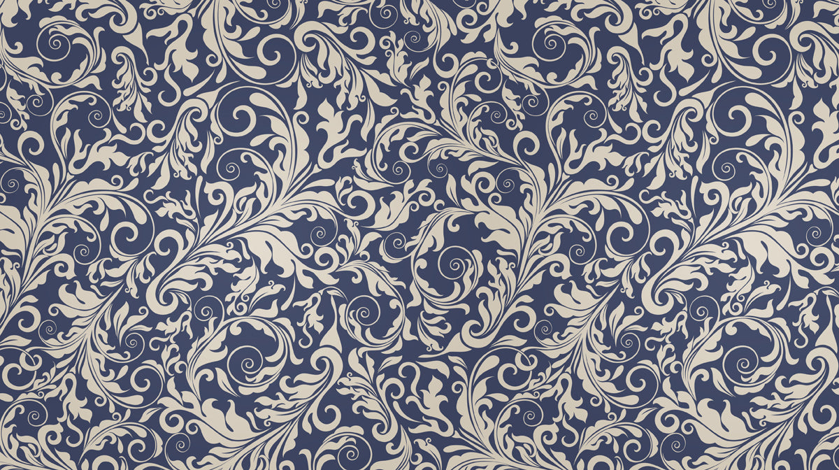 Navy blue wallpaper with intricate cream-colored damask scroll and acanthus leaf pattern
