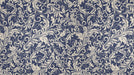 Navy blue wallpaper with intricate cream-colored damask scroll and acanthus leaf pattern