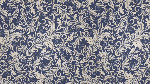 Navy blue wallpaper with intricate cream-colored damask scroll and acanthus leaf pattern