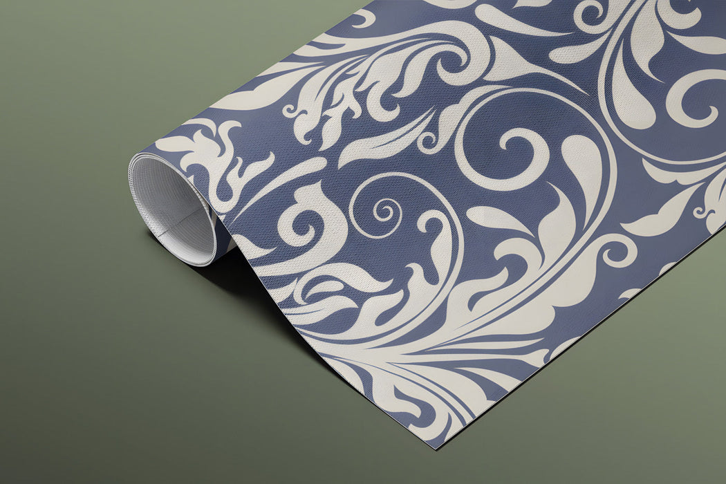 Classic scroll patterned wall mural installed behind a home office mahogany desk