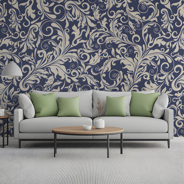 Traditional damask navy wall covering in a cozy, well-lit reading nook