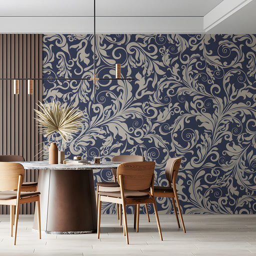 Damask navy and cream wallpaper in a sophisticated formal dining room setting