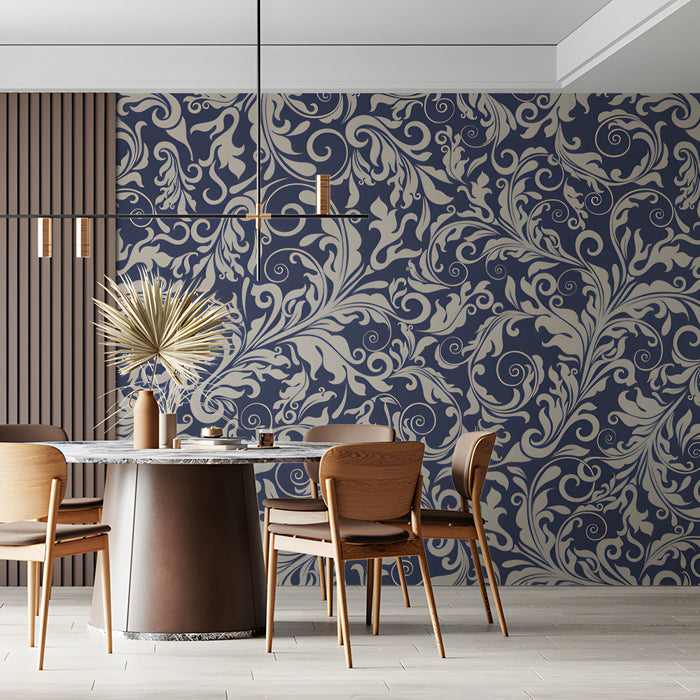 Damask navy and cream wallpaper in a sophisticated formal dining room setting