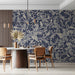 Damask navy and cream wallpaper in a sophisticated formal dining room setting