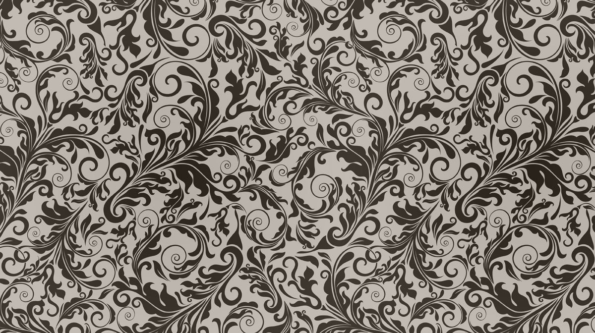 Baroque damask pattern featuring dark charcoal scrolls on a soft sand background