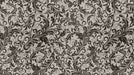 Baroque damask pattern featuring dark charcoal scrolls on a soft sand background