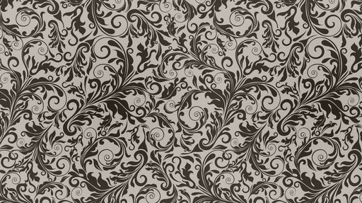 Baroque damask pattern featuring dark charcoal scrolls on a soft sand background
