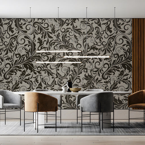 Damask mural wallpaper installed behind a cozy reading chair in a meeting room