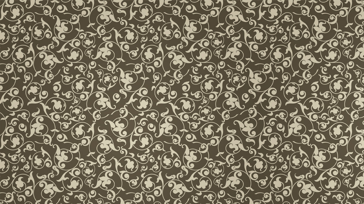 A vintage damask wallpaper pattern featuring swirling cream floral scrolls on a deep chocolate brown background.