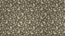 A vintage damask wallpaper pattern featuring swirling cream floral scrolls on a deep chocolate brown background.