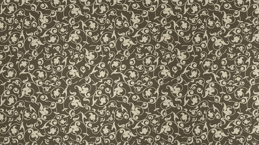A vintage damask wallpaper pattern featuring swirling cream floral scrolls on a deep chocolate brown background.