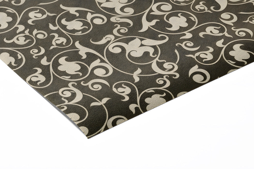 A sophisticated home library study with elegant floral scroll wallpaper on the main wall.