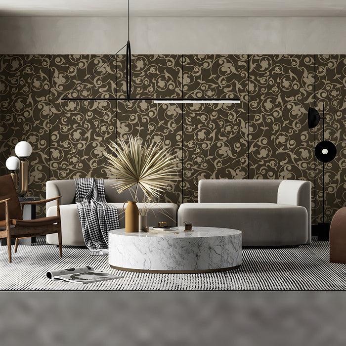 A cozy commercial space setting decorated with a classic damask pattern mural and cream-toned upholstery.