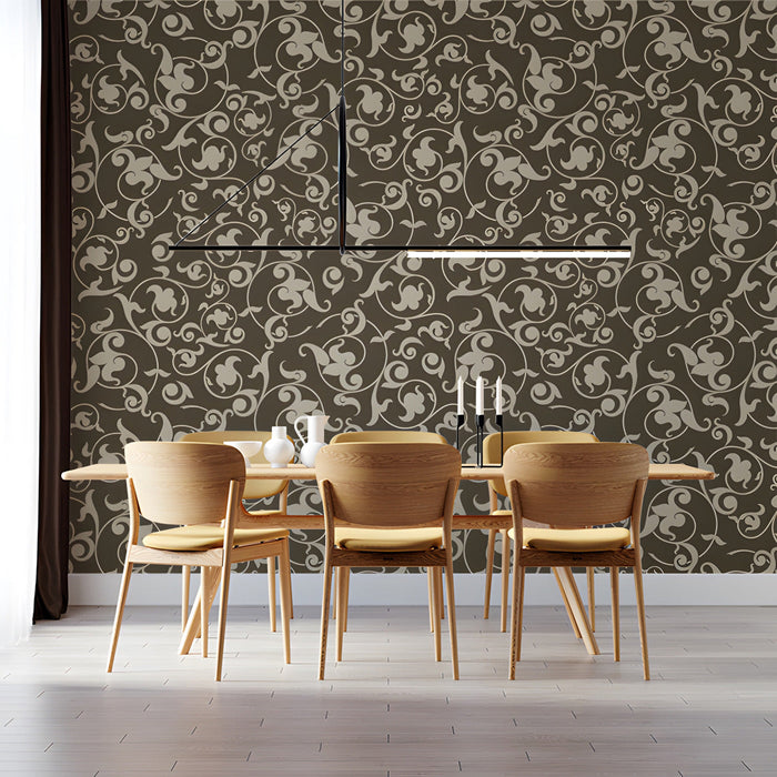 A traditional office featuring a brown and cream damask mural backdrop with dark wood furniture.