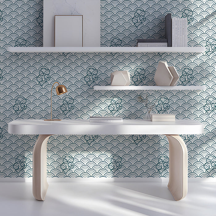 A bright study featuring the Seigaiha wave wallpaper behind a bed.