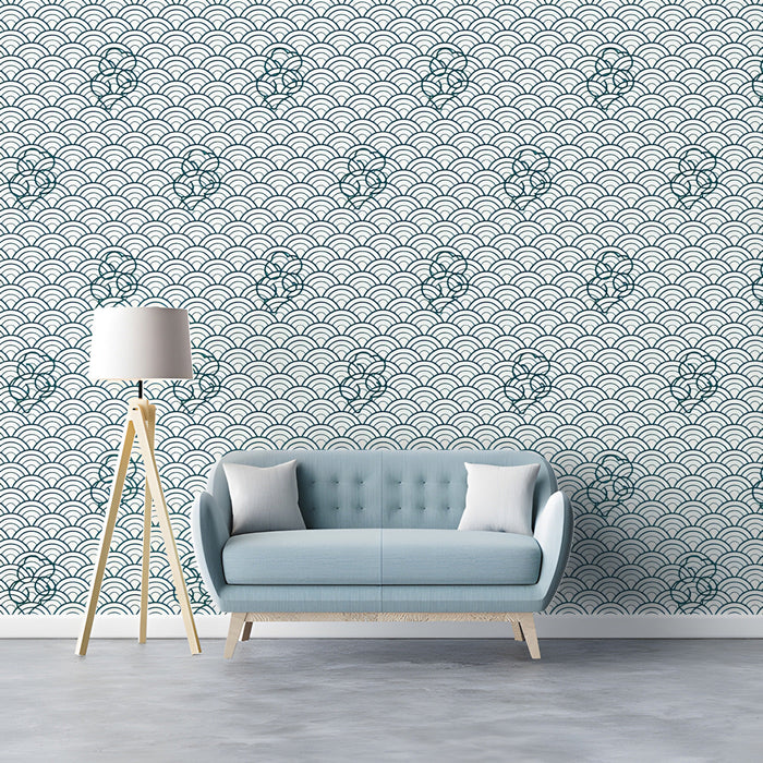 A minimalist living room featuring a wave pattern wallpaper on the feature wall.