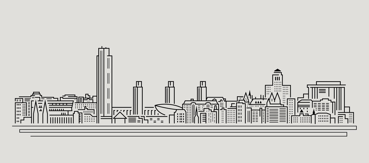 A clean black line-art city skyline mural featuring skyscrapers and historic buildings on a light gray background.