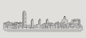 A clean black line-art city skyline mural featuring skyscrapers and historic buildings on a light gray background.