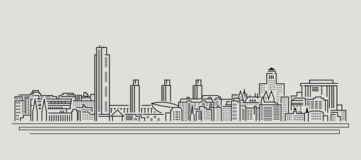 A clean black line-art city skyline mural featuring skyscrapers and historic buildings on a light gray background.