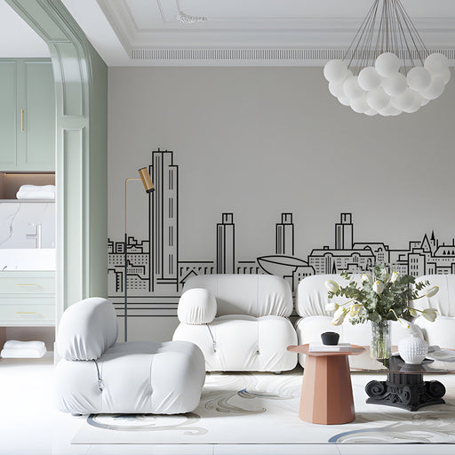 A minimalist home office featuring a modern city skyline mural on the wall behind a sleek white desk.