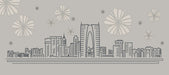 Minimalist line art city skyline with stylized flowers on light gray background