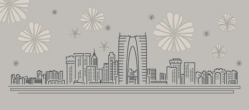 Minimalist line art city skyline with stylized flowers on light gray background