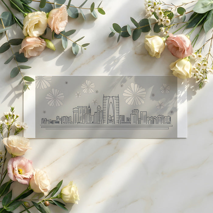 Living room featuring a subtle city skyline wallpaper design