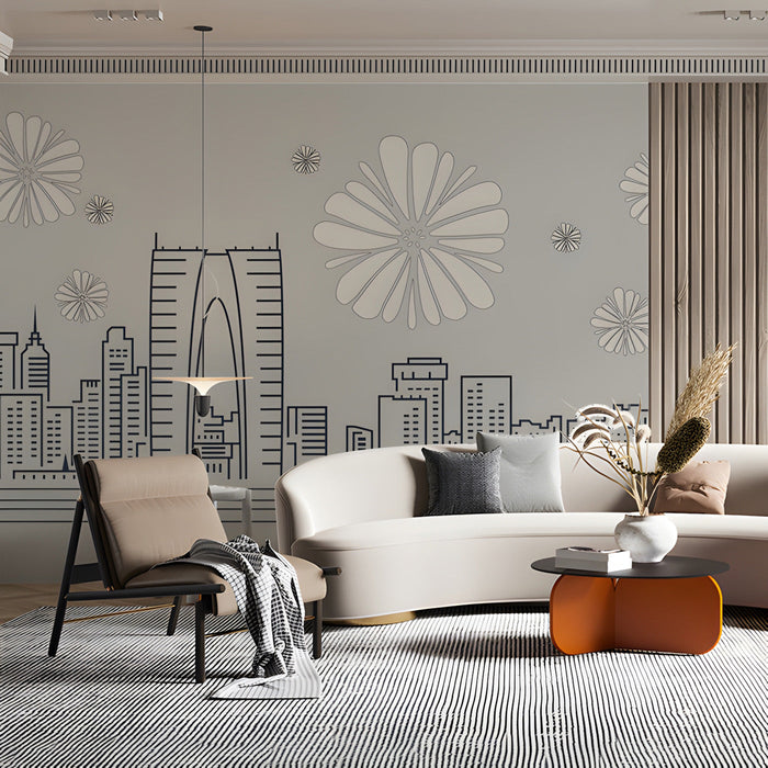 Contemporary living room wall with a light gray skyline mural
