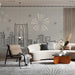 Contemporary living room wall with a light gray skyline mural