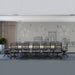 Modern office with a minimalist city skyline mural above a desk