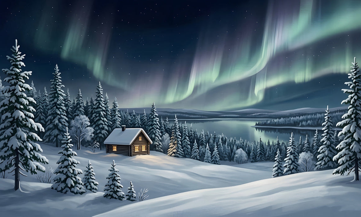 A winter landscape mural featuring a log cabin under the vibrant green and purple northern lights in a snowy pine forest.