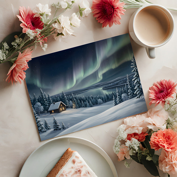 A home study featuring a peaceful winter night landscape wallpaper behind a wooden desk setup.